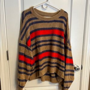 Aerie Brown and Red Striped Crew Neck Sweater